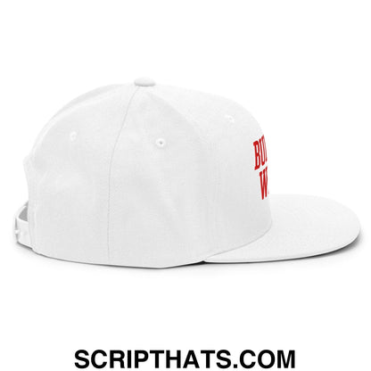 White snapback cap with red embroidered buffalo wings chicken wings lettering on the side flat bill brim
