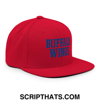 A vibrant red snapback hat with bold blue embroidered buffalo wings lettering on the front brim
