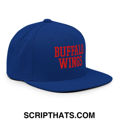 Royal blue snapback hat with bold red embroidered buffalo wings text and flat bill brim for chicken wing fans