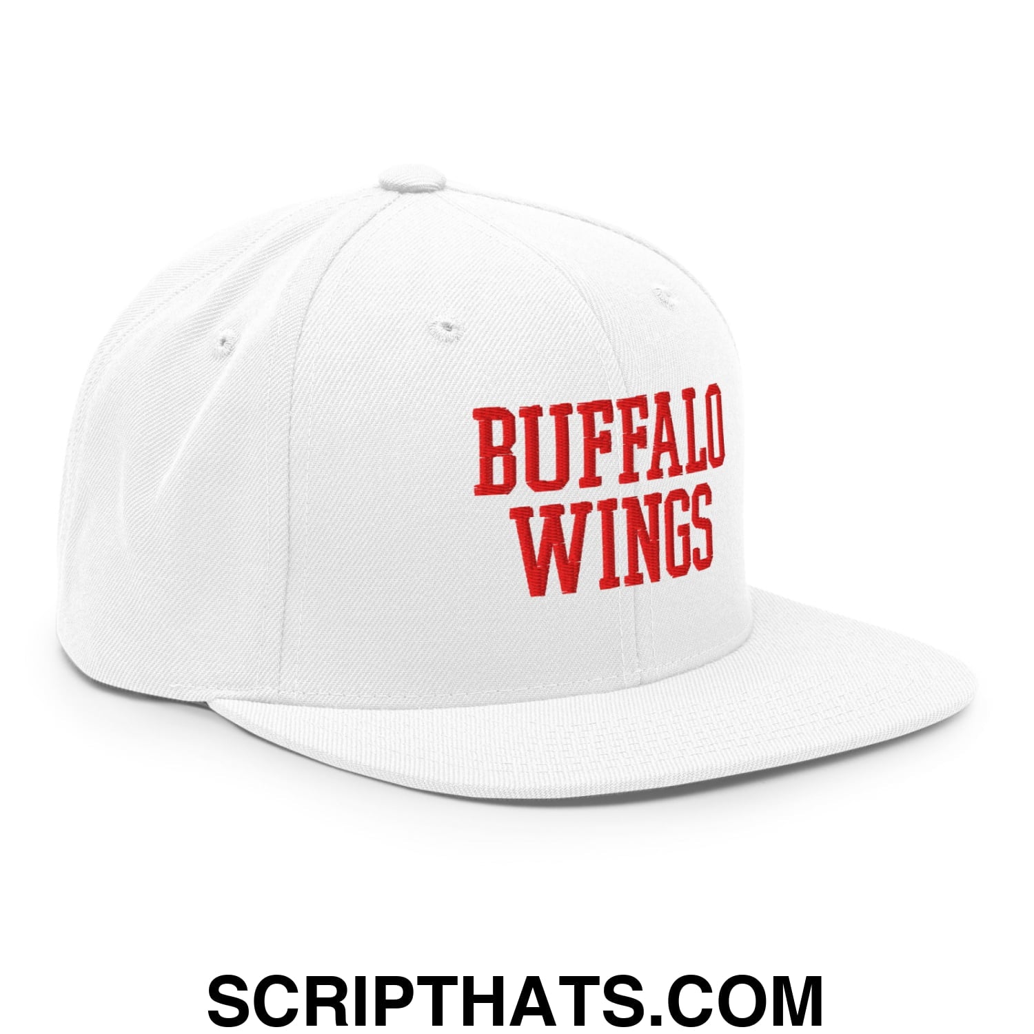 White snapback cap with bold red buffalo wings embroidered lettering featured on a flat bill brim hat