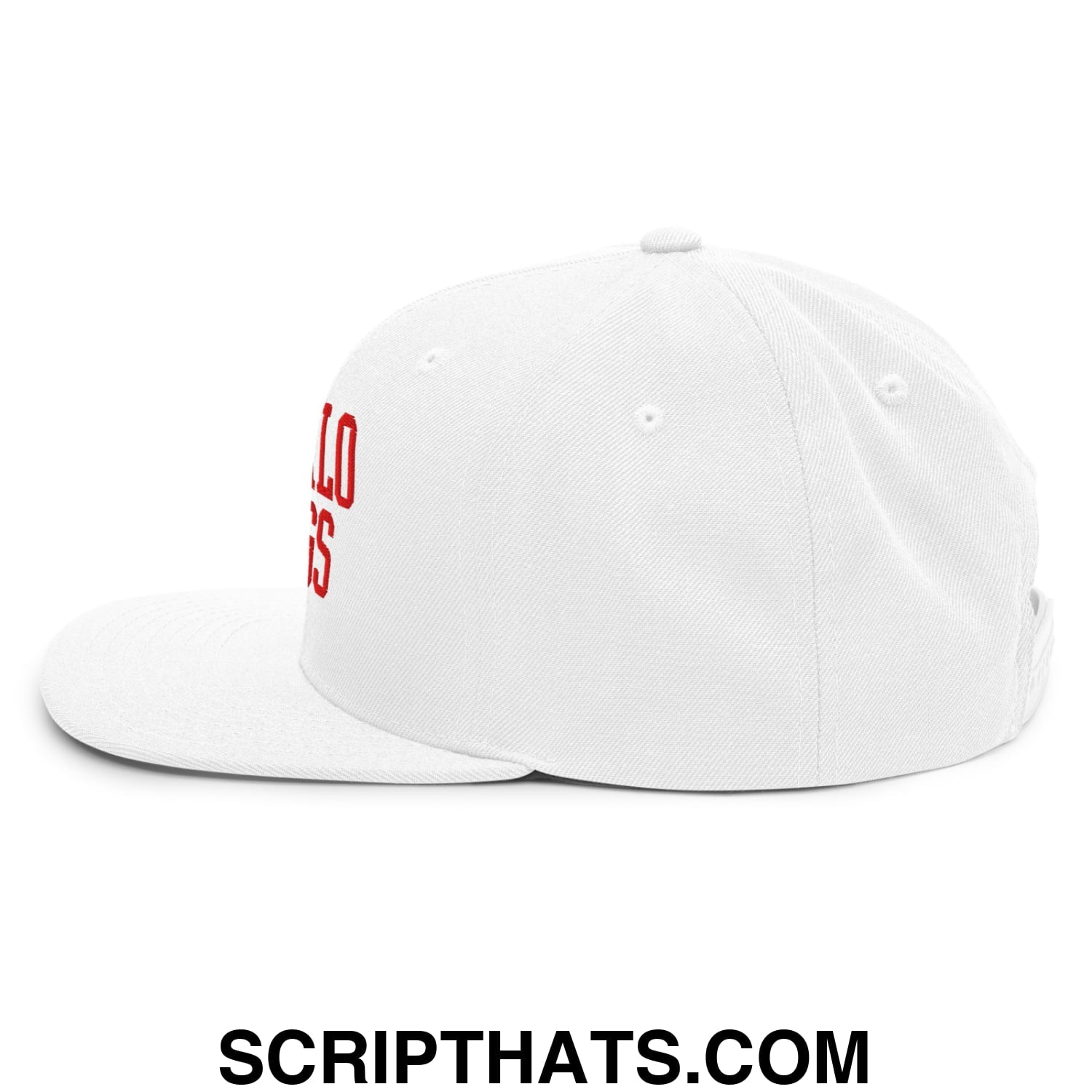 White flat bill snapback hat with red embroidered buffalo wings chicken wings text on the side