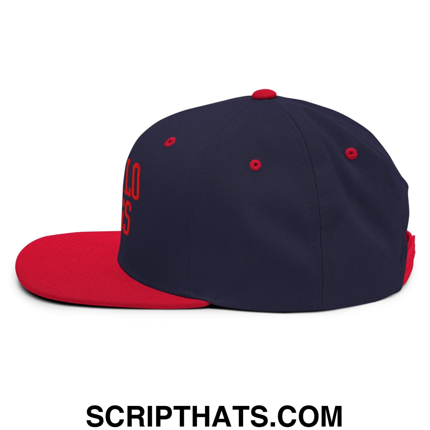 Navy blue and red snapback hat with embroidered buffalo wings chicken wings lettering on the side