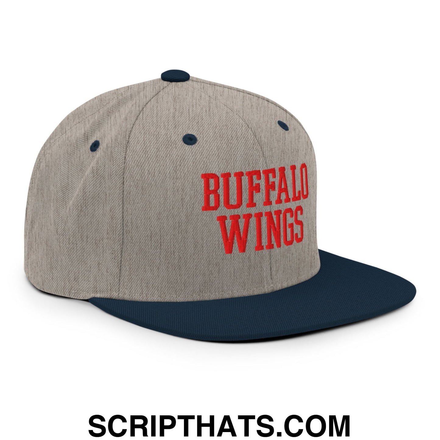 Gray and navy blue snapback cap with buffalo wings embroidered in bold red lettering on the front panel