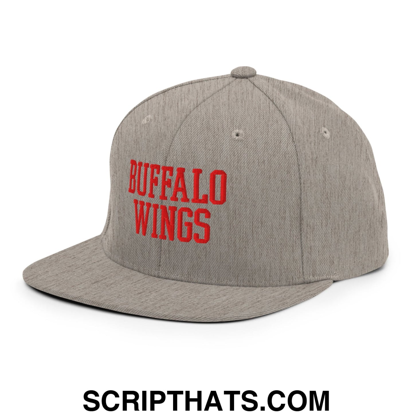 Gray flat bill snapback hat with bold red buffalo wings embroidered on the front for casual wear