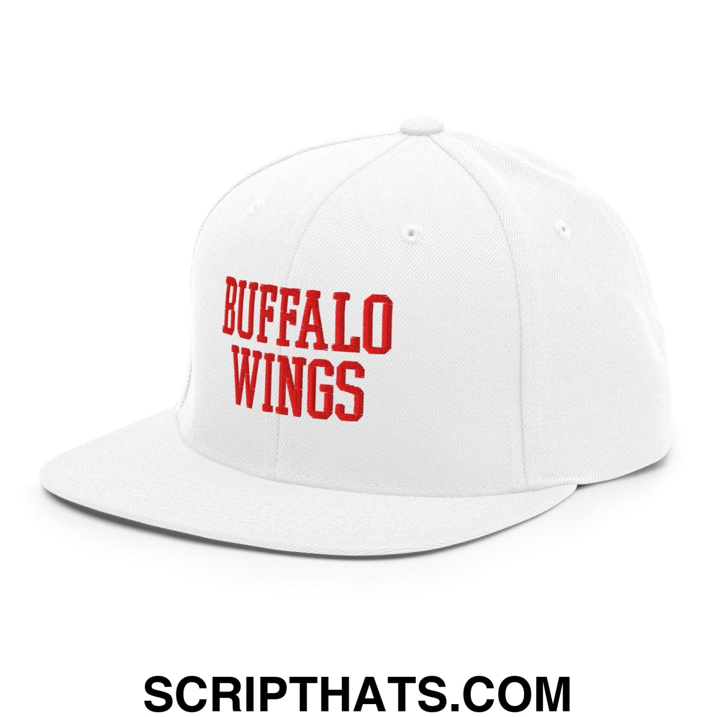 White snapback cap with bold red buffalo wings embroidered lettering flat bill brim for casual wear