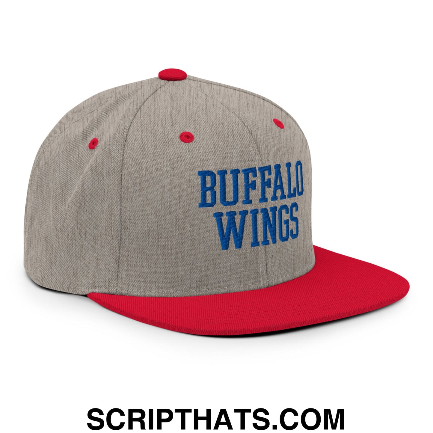 Gray and red snapback hat with buffalo wings embroidered in bold blue letters on a flat bill brim design