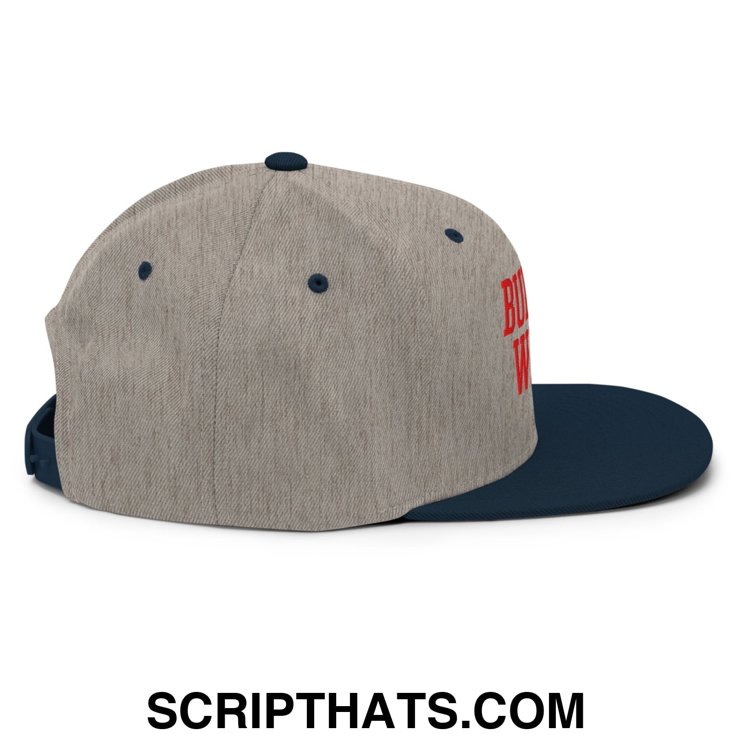 Heather gray and navy blue buffalo wings snapback cap with red embroidered lettering on the side and flat bill brim