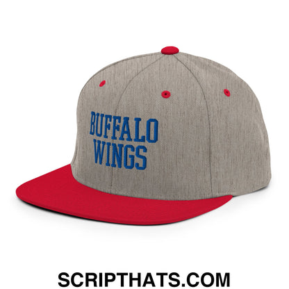 Gray and red snapback hat with buffalo wings embroidered in blue on the front flat bill brim cap