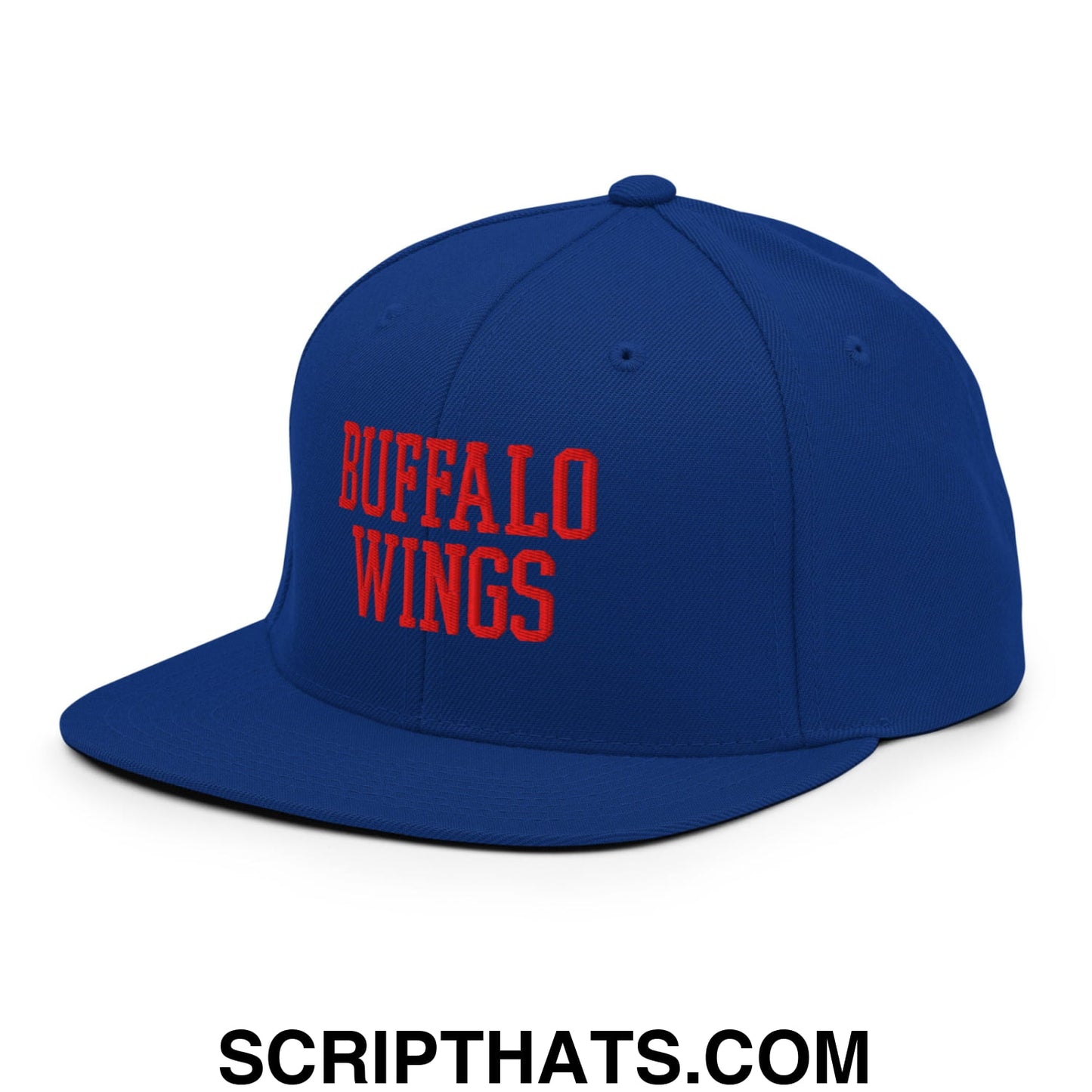 Royal blue snapback hat with bold red embroidered buffalo wings text and flat bill brim for casual wear
