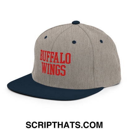 Gray and navy blue snapback hat with buffalo wings embroidered in bold red letters on a flat bill brim