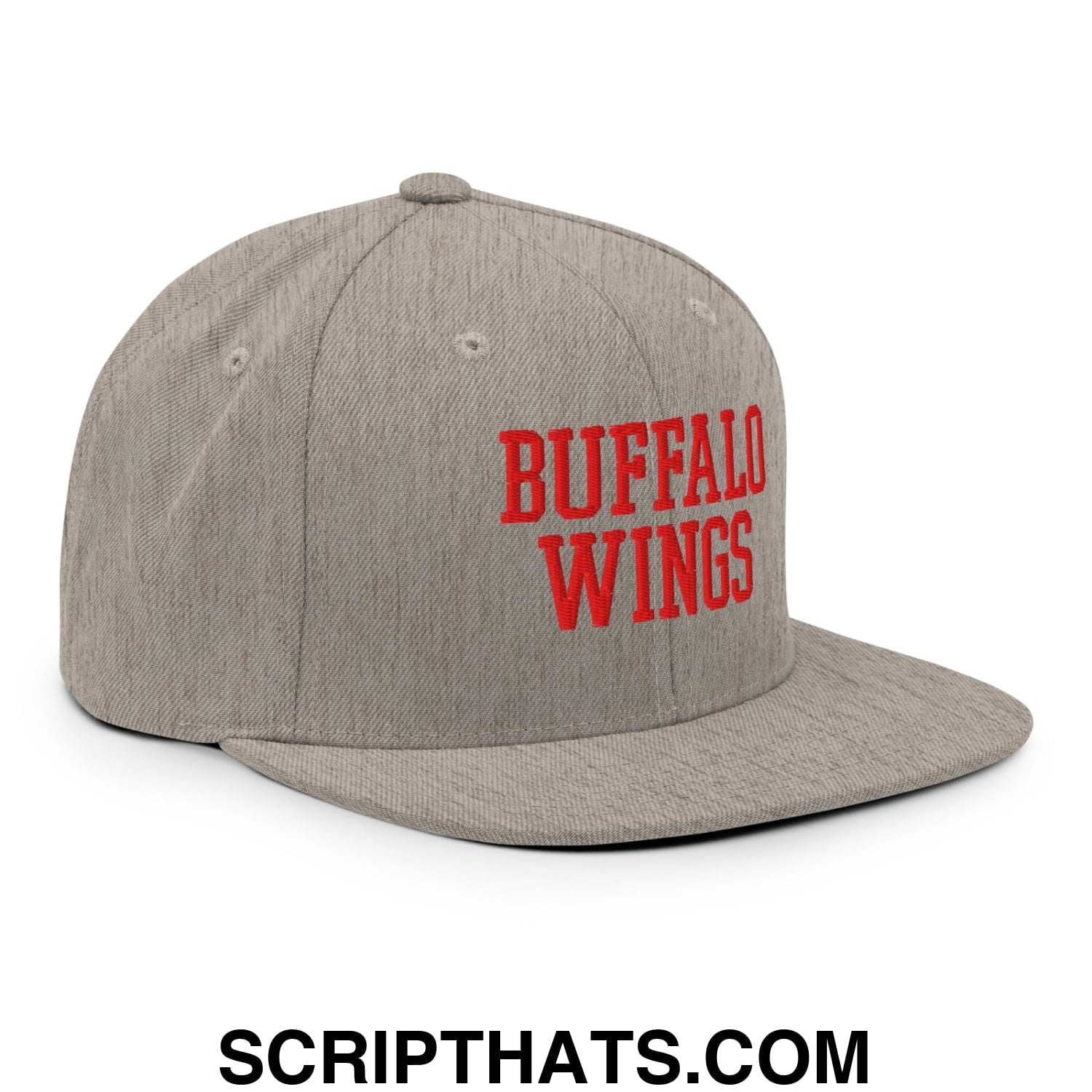 Gray snapback hat with red buffalo wings embroidered lettering and flat bill brim for casual wear