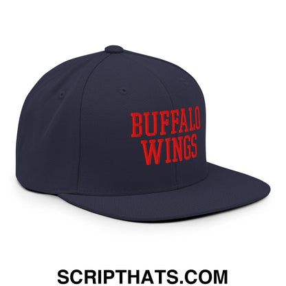 Navy blue snapback hat with bold red embroidered buffalo wings text and flat bill brim for casual wear