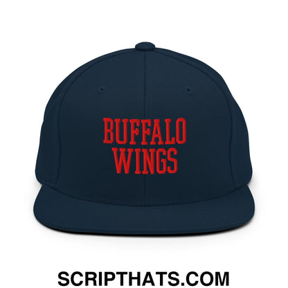 Navy blue snapback hat with bold red embroidered Buffalo Wings text and flat bill brim for casual wear