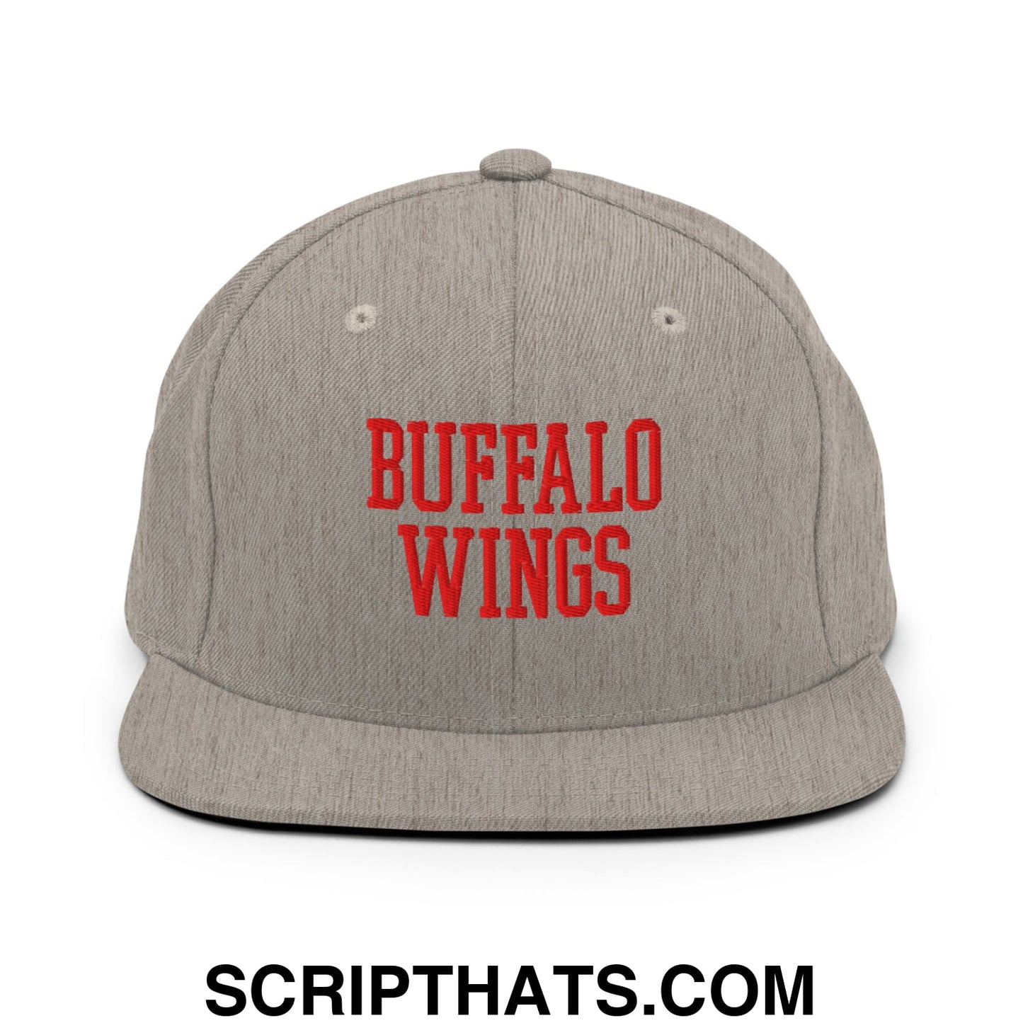 Gray snapback hat featuring red embroidered buffalo wings text with flat bill brim for casual wear