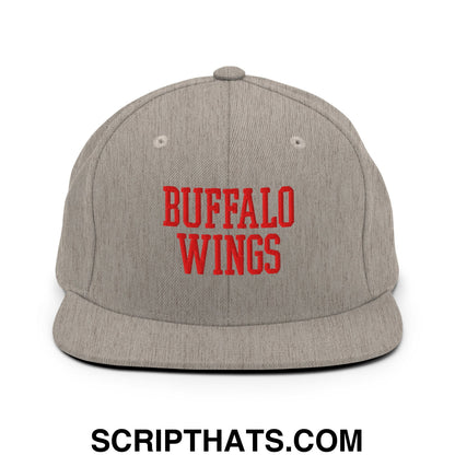 Gray snapback hat featuring red embroidered buffalo wings text with flat bill brim for casual wear