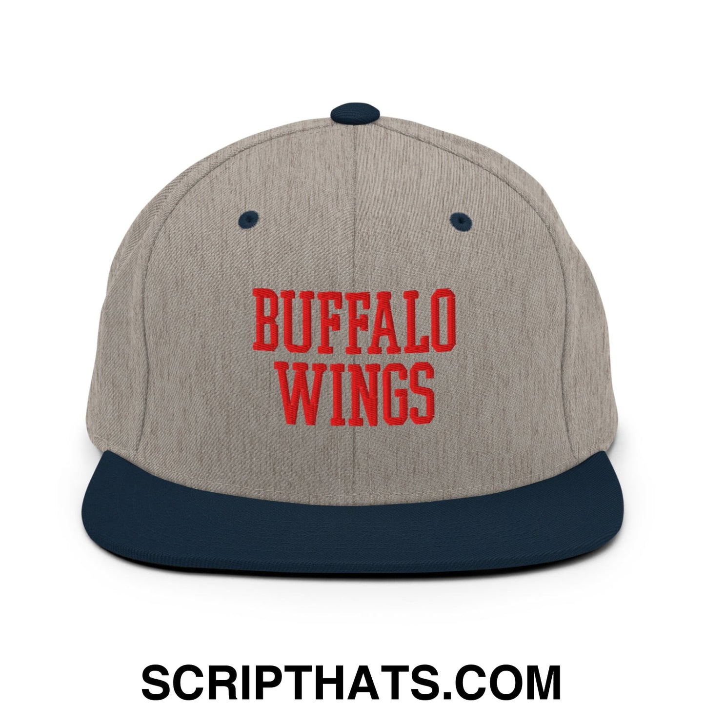 Gray and navy blue snapback hat with flat bill and red embroidered buffalo wings text logo front design