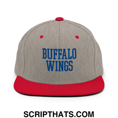 Gray and red snapback hat with buffalo wings embroidered in blue on flat bill brim for casual wear