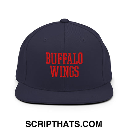 Navy blue snapback hat with bold red embroidered buffalo wings text and flat bill brim for casual wear