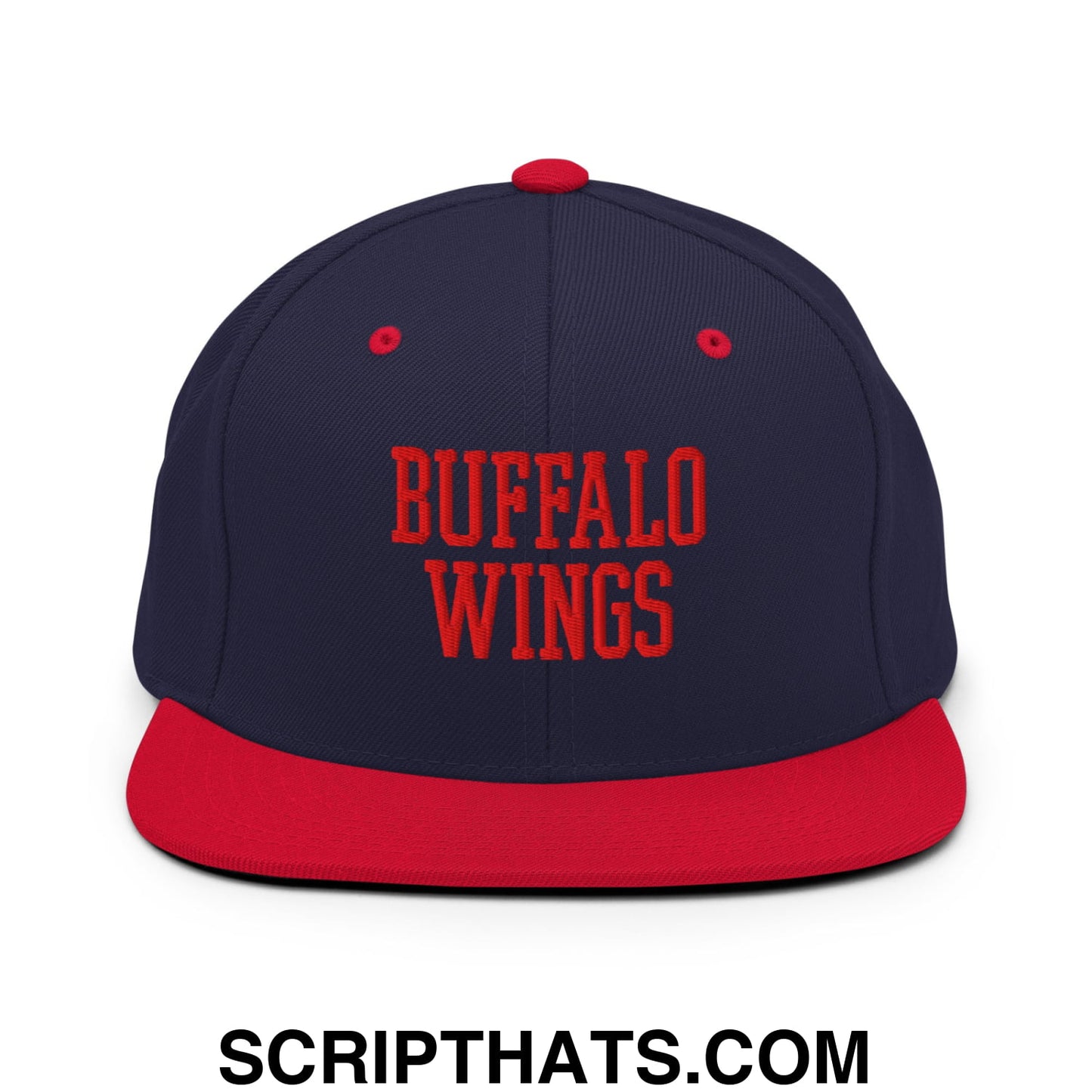 Navy blue and red snapback hat with buffalo wings embroidered in bold red on a flat bill brim design