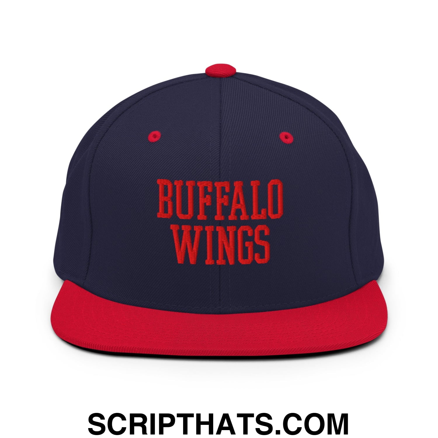 Navy blue and red snapback hat with buffalo wings embroidered in bold red on a flat bill brim design