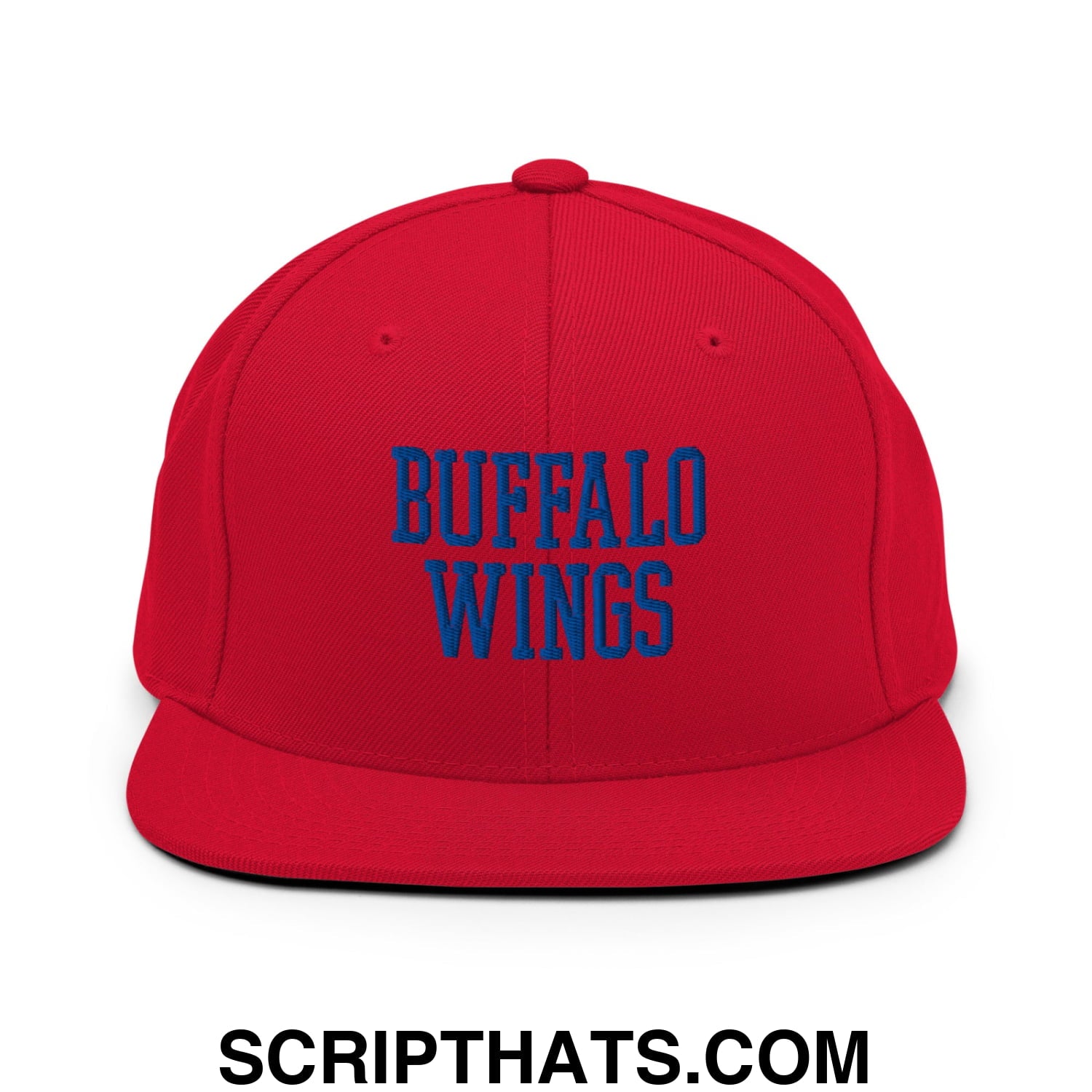 Red snapback hat with blue embroidered buffalo wings text on flat bill brim for casual wear
