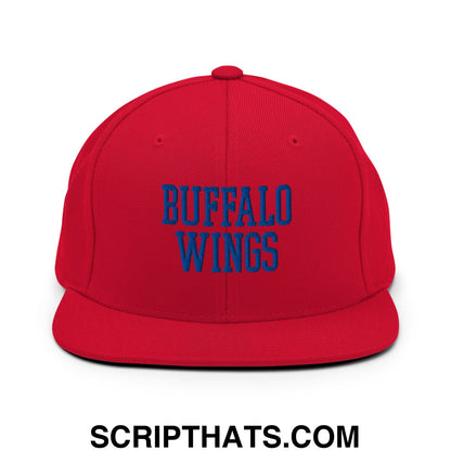 Red snapback hat with blue embroidered buffalo wings text on flat bill brim for casual wear