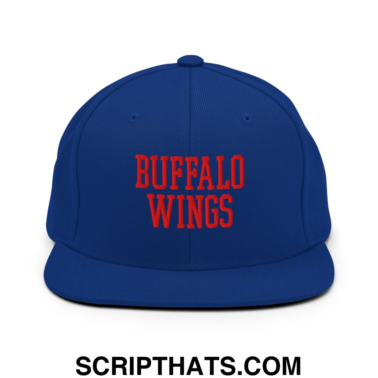 Royal blue snapback hat with bold red embroidered buffalo wings text and flat bill brim for casual wear