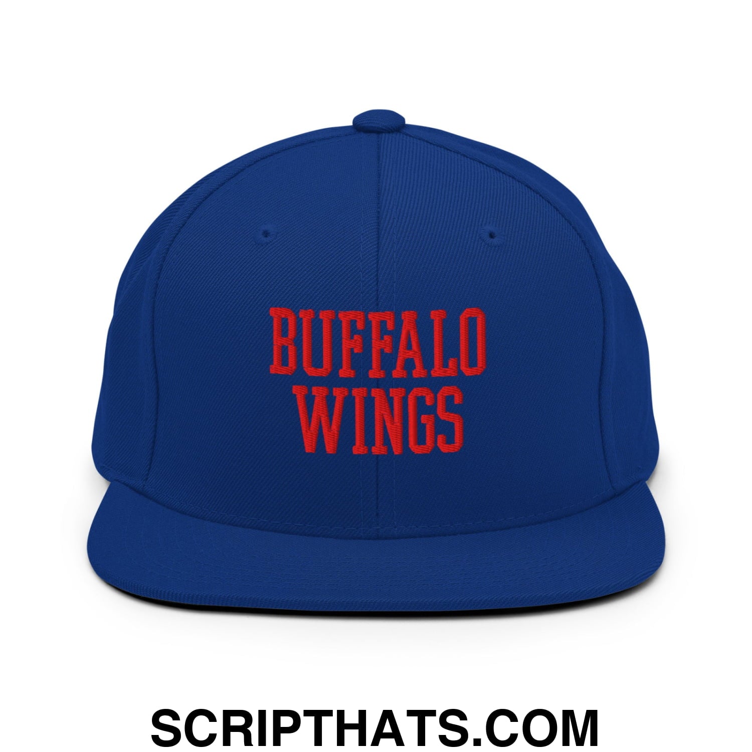 Royal blue snapback hat with bold red embroidered buffalo wings text and flat bill brim for casual wear