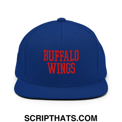 Royal blue snapback hat with bold red embroidered buffalo wings text and flat bill brim for casual wear