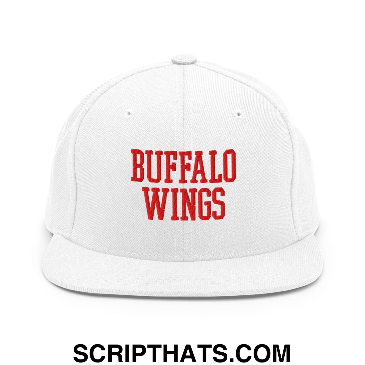 White snapback cap with red embroidered buffalo wings text and flat bill brim for casual wear