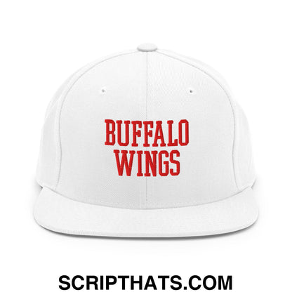 White snapback cap with red embroidered buffalo wings text and flat bill brim for casual wear
