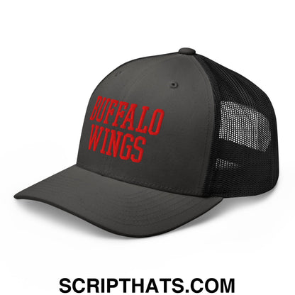 Black mesh trucker hat with red embroidered buffalo wings text perfect for chicken wing fans