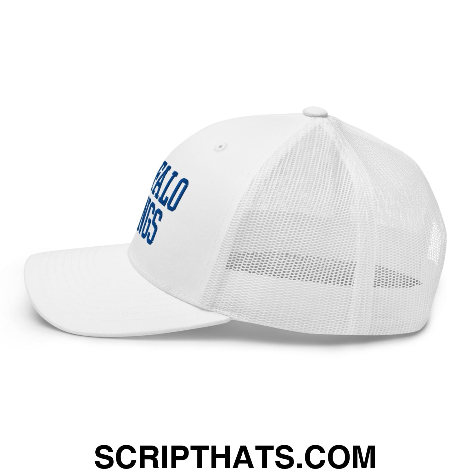 White mesh trucker cap with blue embroidered buffalo bills lettering on the side for buffalo wings fans
