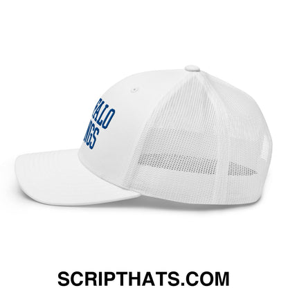 White mesh trucker cap with blue embroidered buffalo bills lettering on the side for buffalo wings fans
