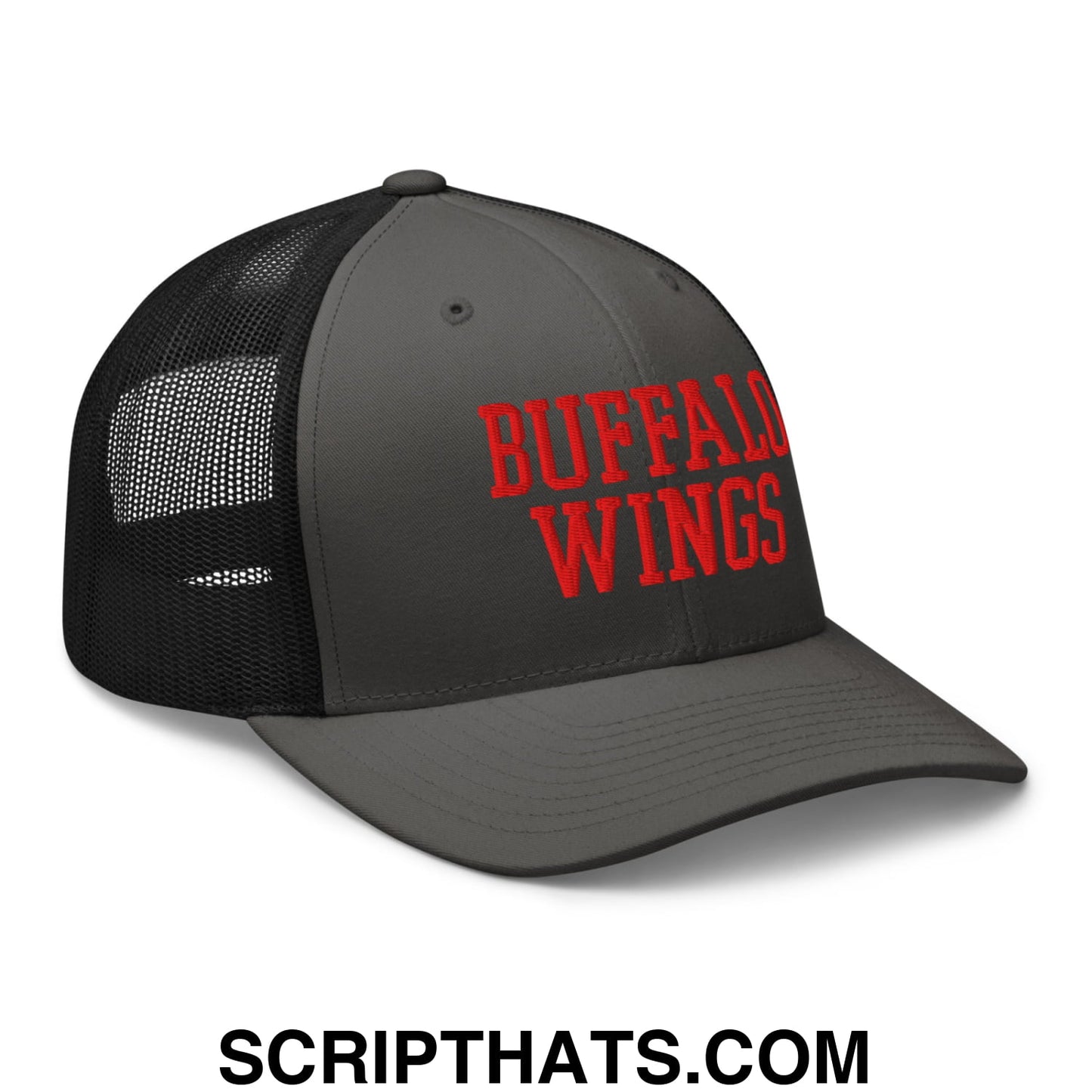 A dark gray trucker hat with black mesh back and red embroidered buffalo wings text on the front