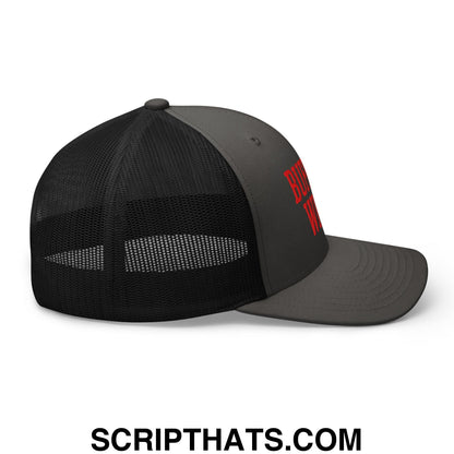 Black and charcoal gray mesh trucker hat with red buffalo wings chicken wings embroidered text on the side