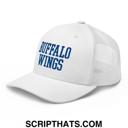 White mesh trucker hat with blue embroidered buffalo wings text on the front for chicken wings fans