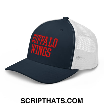 Navy blue and white mesh trucker hat embroidered with red buffalo wings chicken wings text on the front