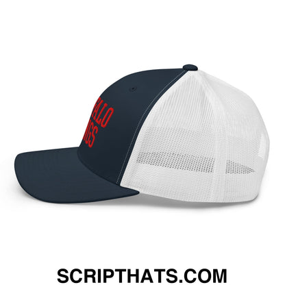 Navy blue and white mesh trucker hat with red embroidered buffalo wings chicken wings text on front panel