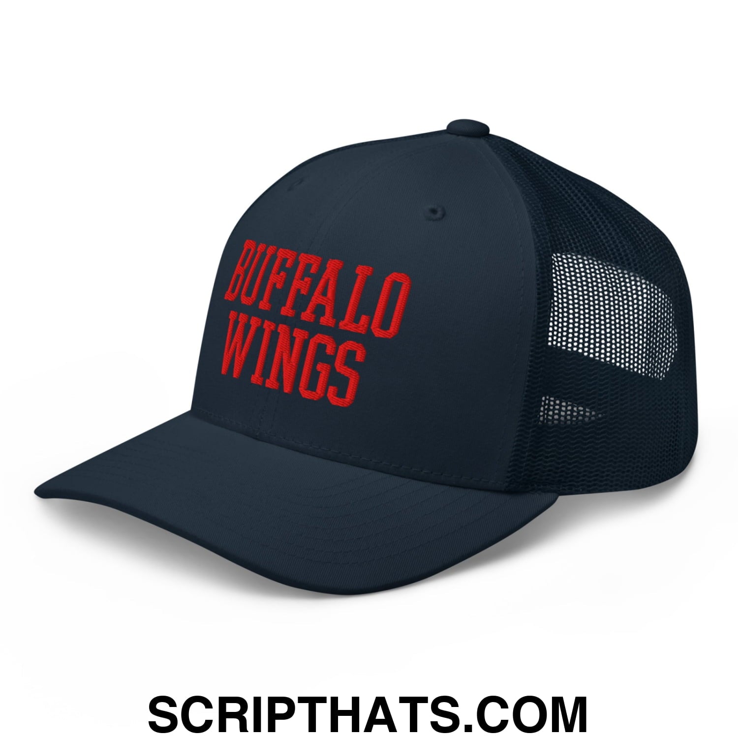Navy blue mesh trucker hat with red embroidered buffalo wings text on front for casual wear and chicken wing fans