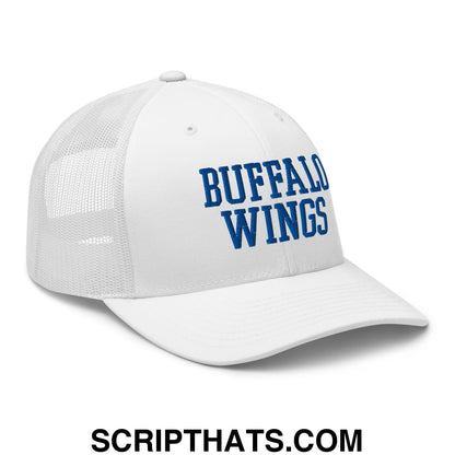 White mesh trucker hat with blue embroidered buffalo wings text on front for chicken wings fans