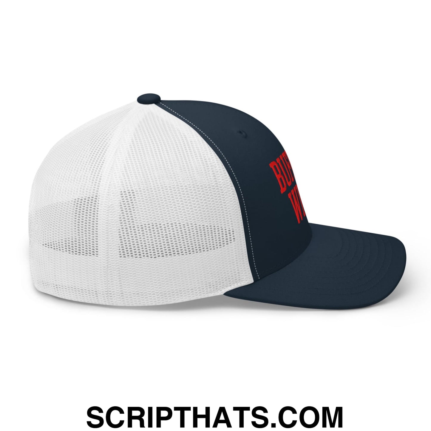 Navy blue and white mesh trucker hat with red buffalo wings chicken wings embroidered text on the side