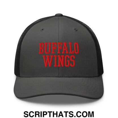 Dark gray mesh trucker hat with bold red embroidered buffalo wings text on front for chicken wings fans