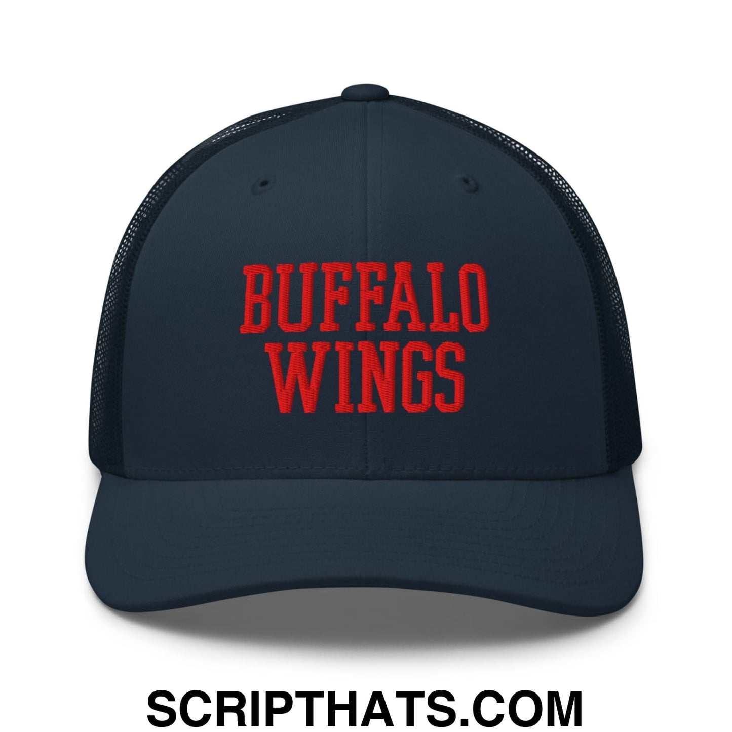 Dark navy mesh trucker hat with bold red embroidered buffalo wings text for chicken wings fans