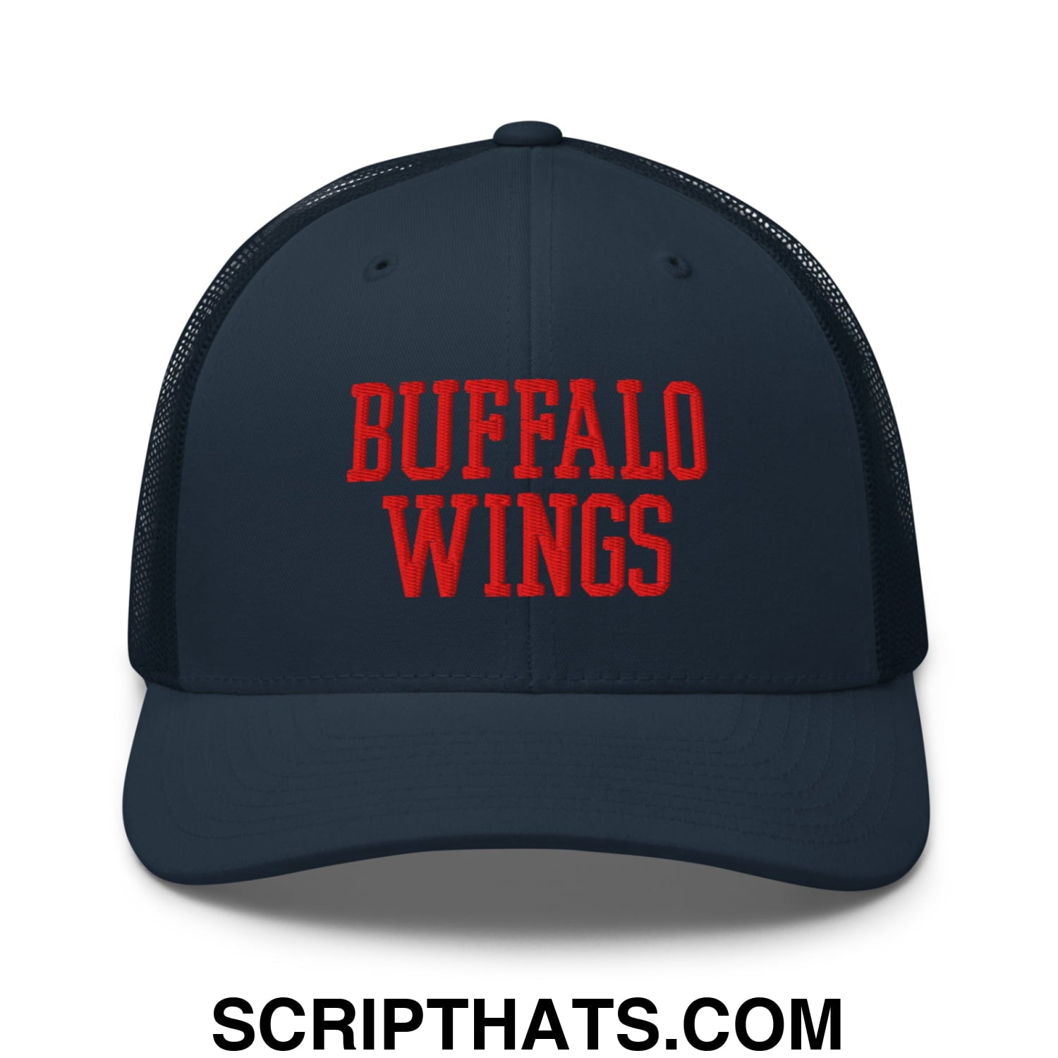 Dark navy mesh trucker hat with bold red embroidered buffalo wings text for chicken wings fans