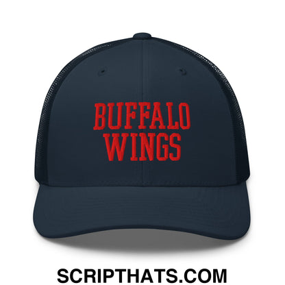 Dark navy mesh trucker hat with bold red embroidered buffalo wings text for chicken wings fans