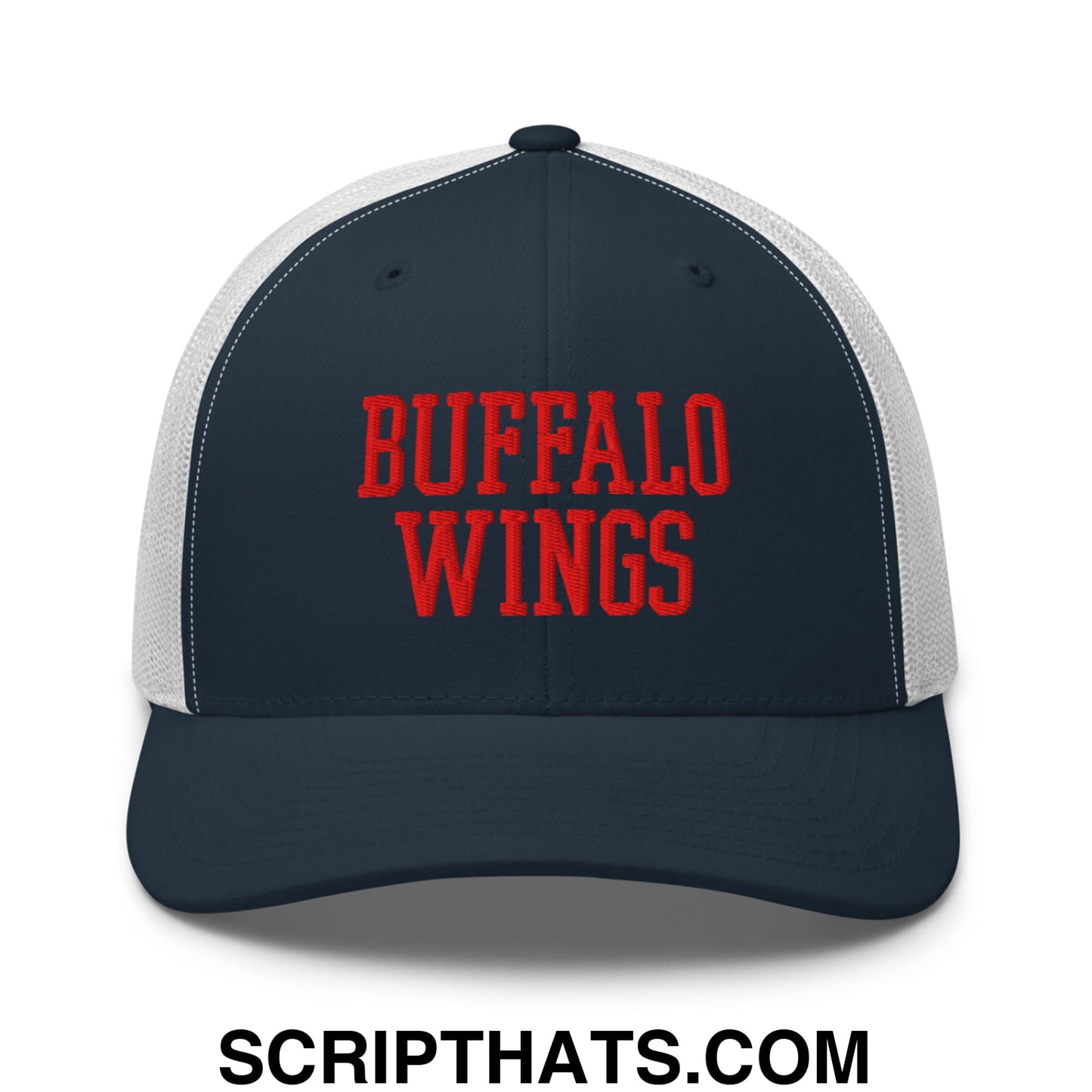 Navy blue and white mesh trucker hat with bold red buffalo wings embroidery on the front panel