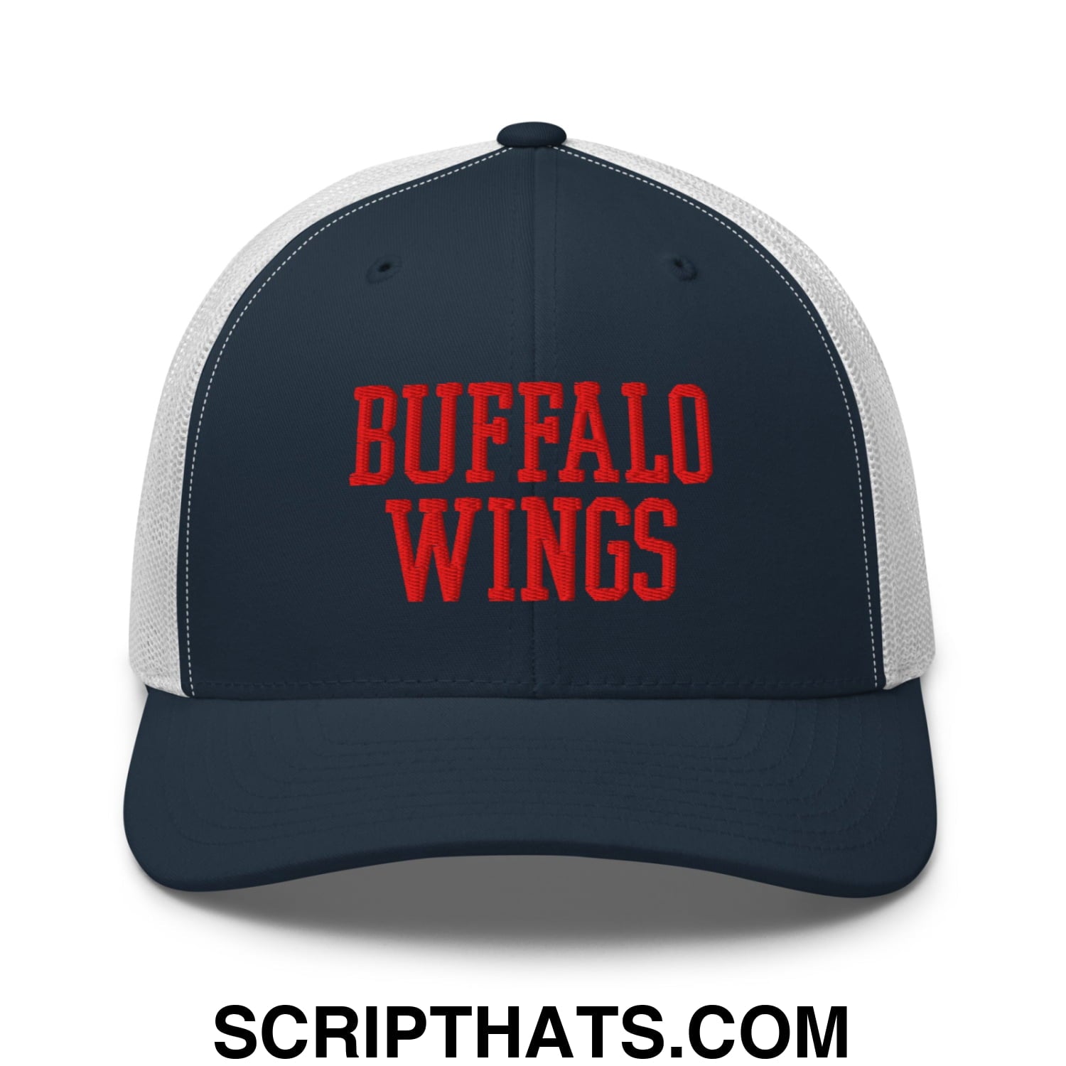 Navy blue and white mesh trucker hat with bold red buffalo wings embroidery on the front panel