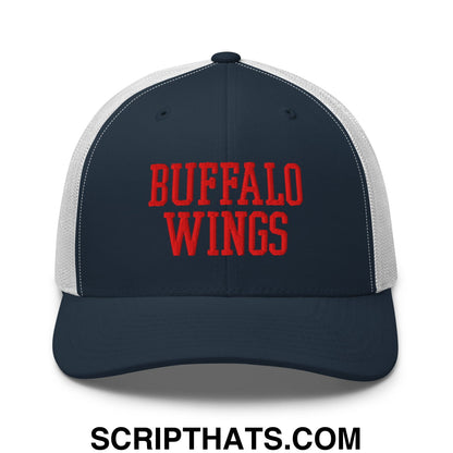 Navy blue and white mesh trucker hat with bold red buffalo wings embroidery on the front panel