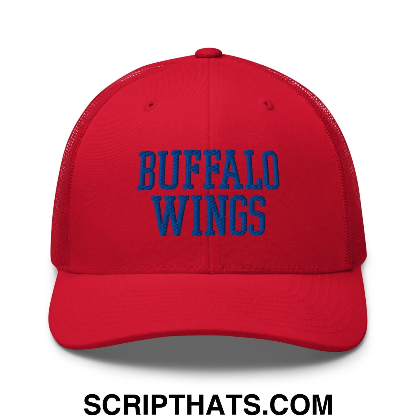 Red mesh trucker hat with blue embroidered buffalo wings text front design for chicken wings fans